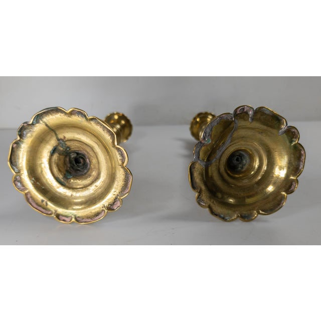 18th Century Pair of English Brass Queen Anne Candlesticks With Petal Base For Sale - Image 9 of 13