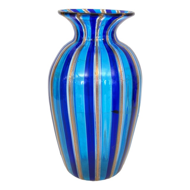 Murano Glass Vase with Blue and Light Blue Canes and Avventurine, 1980s For Sale