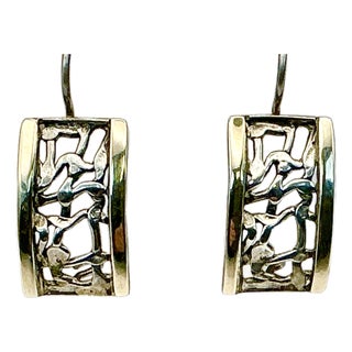 1990s Vintage Modern Contemporary Brutalist Sterling Geometric Design Drop Dangle Earrings - A Pair For Sale