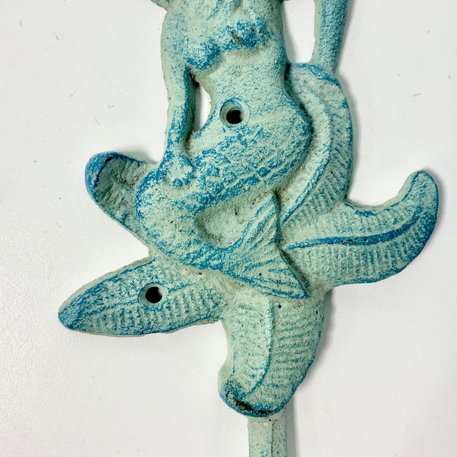 1970s Vintage Coastal Nautical Cast Iron Verdigris Mermaid Wall Hook. For Sale - Image 6 of 9