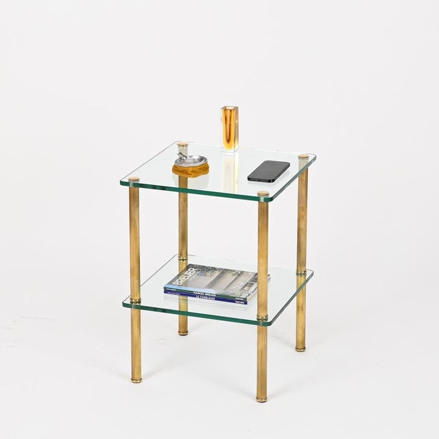 Brass and Glass 2-Tier Side Table or Nightstand from Maison Jansen, France, 1970s For Sale - Image 3 of 14