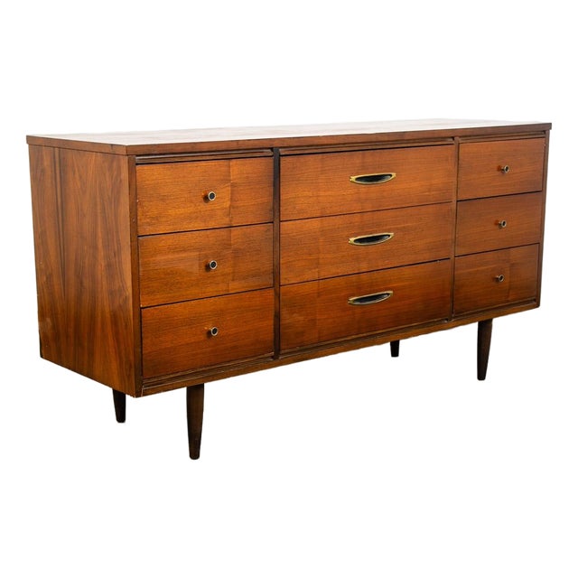 Mid Century Modern Dresser Credenza 9 Drawer Vintage Walnut Danish Drexel Lane, Attributed For Sale