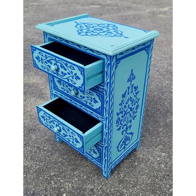 Wood Hand‑Painted Moroccan Nightstand / Blue Zoua9 Woodwork For Sale - Image 7 of 7