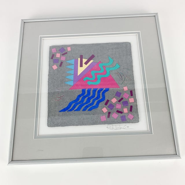 Fabulous vintage Rick Tunkel mixed media signed and framed collage. 1988. Great abstract 80s feel. Love the colors and...