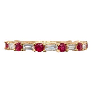 All Natural Ruby Band Ring with Earth Mined Diamonds in Solid 14k Yellow Gold, Size 6.75 For Sale
