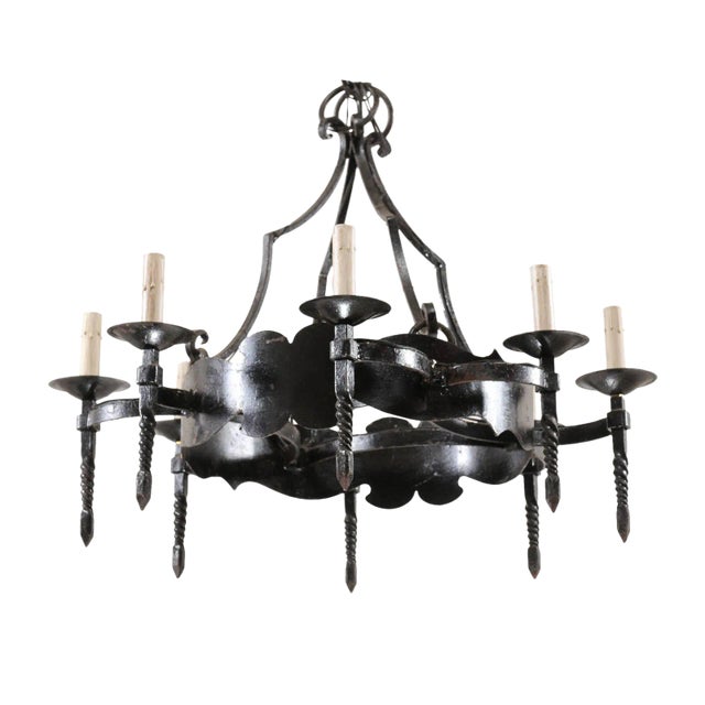 French Mid-20th Century Iron Ring Chandelier With Eight Torch-Shaped Lights For Sale