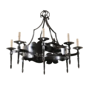 French Mid-20th Century Iron Ring Chandelier With Eight Torch-Shaped Lights