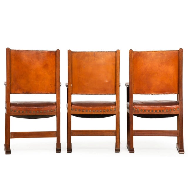 French Set of Six French Oak and Stitched Leather Chairs For Sale - Image 3 of 12
