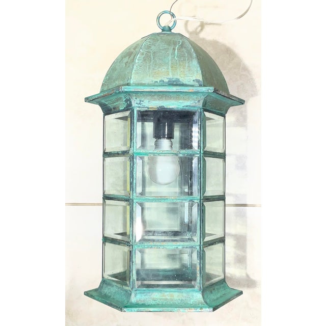 Vintage Solid Brass Hexagonal Hanging Lantern – Verdigris Patina 20”h X 11”w For Sale - Image 17 of 18