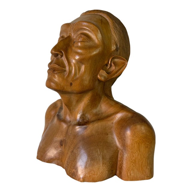Vintage Art Hand Carved Wood Man Bust - Head Sculpture/ Sold For Sale