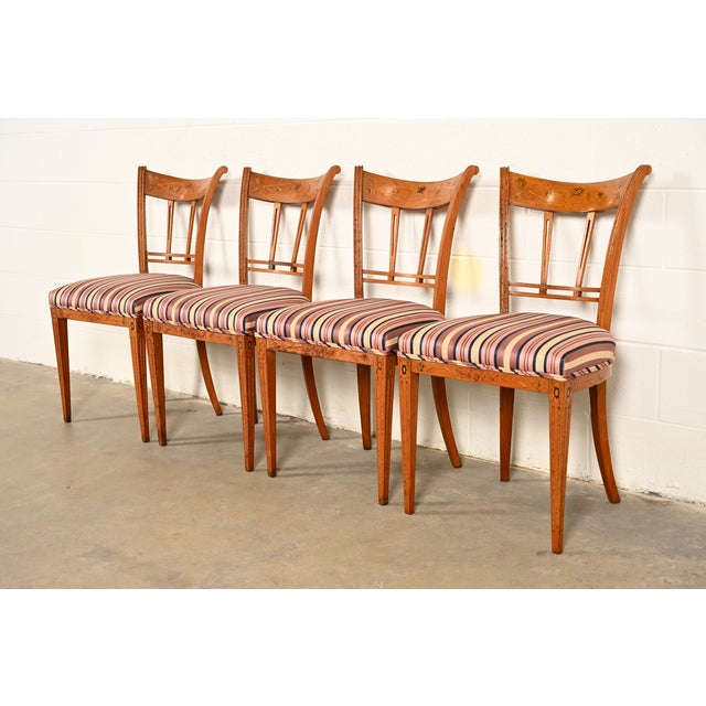 Early 20th Century Antique Italian Regency Fruitwood Inlaid Marquetry Dining Chairs, Set of Four For Sale - Image 5 of 17