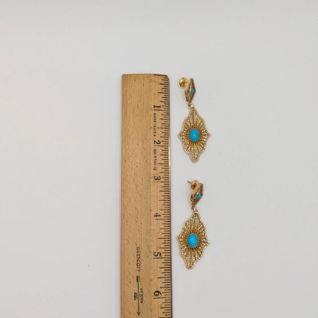 Early 21st Century Turquoise Cabochon and White Diamond Dangle Earrings in 18K Yellow Gold - A Pair For Sale - Image 5 of 5