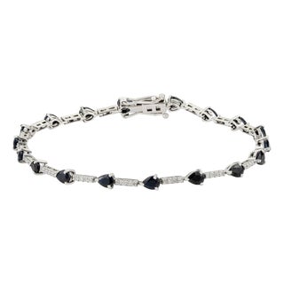 3.39 Ct Deep Blue Sapphire Station Tennis Bracelet With DIamonds in 14k Solid Gold For Sale