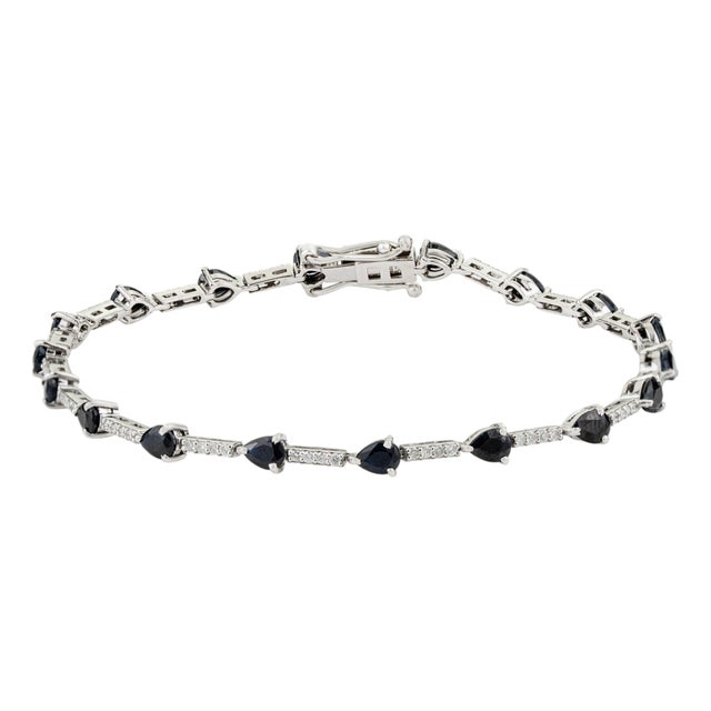 3.39 Ct Deep Blue Sapphire Station Tennis Bracelet With DIamonds in 14k Solid Gold For Sale