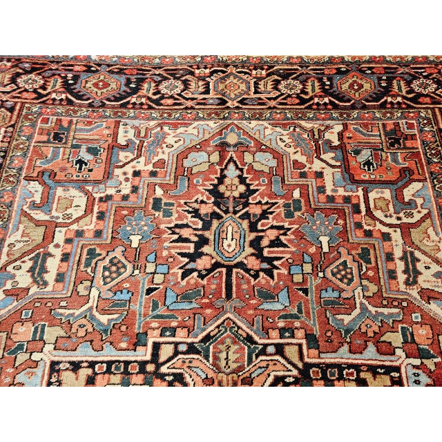 Red Vintage Persian Heriz Serapi Rug, Hand-Knotted Wool, Geometric Medallion Pattern, Brick-Red & Blue, 9x12 For Sale - Image 8 of 15