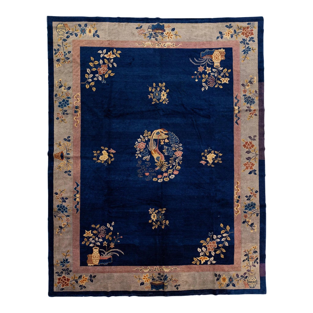 1920s Handmade Antique Peking Blue Chinese Wool Rug With Classic
