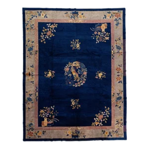 1920s Handmade Antique Peking Blue Chinese Wool Rug With Classic Floral Design