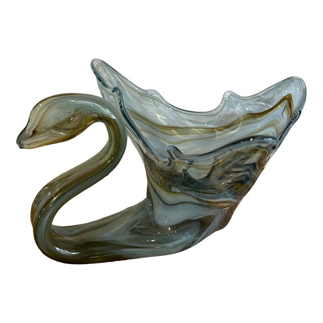 Mid Century Hand Blown Swirl Glass Swan For Sale