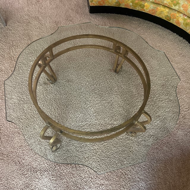 Mid-Century Modern Vintage Gilt Iron & Scalloped Glass Coffee Table, Hollywood Regency / Maison Jansen Style For Sale - Image 3 of 5