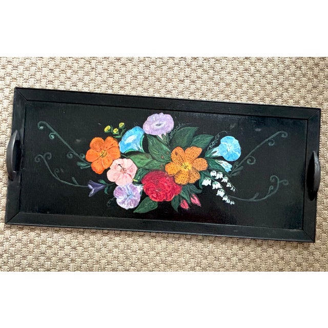 Black Mid 20th Century Folk Art Hand Painted Floral Tray For Sale - Image 8 of 8