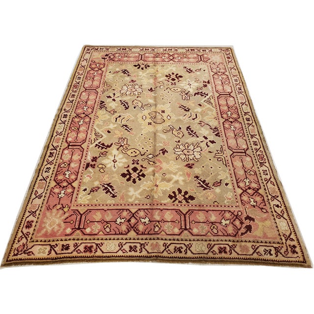 Antique Oushak Carpet, Handmade Oriental Rug, Pale Green, Coral, Taupe and Cream For Sale - Image 9 of 16