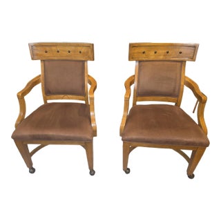 Pair of Vintage Regency Style Upholstered Wood Armchairs on Casters For Sale