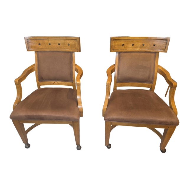 Pair of Vintage Regency Style Upholstered Wood Armchairs on Casters For Sale