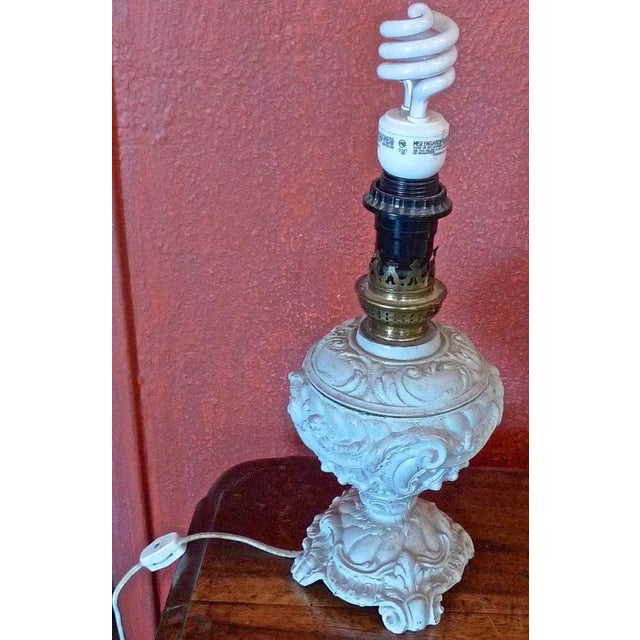 French Provincial 1940s French Painted Metal Table Lamp With Wax Shade. For Sale - Image 3 of 12