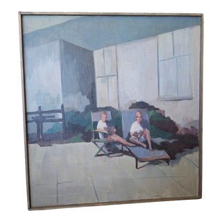 Vintage Framed Signed Oil Painting on Canvas of 2 Boys Lounging Outside For Sale