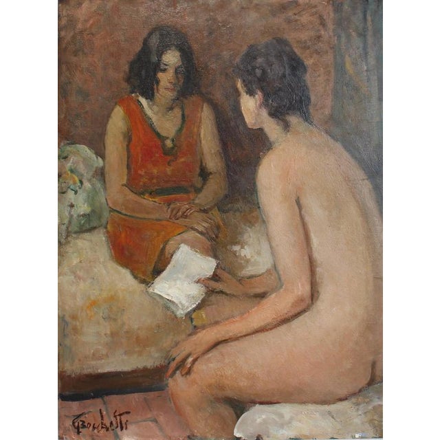 An intimate studio scene depicts a nude model seated with her back to the viewer, absorbed in quiet conversation with a...