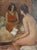 An intimate studio scene depicts a nude model seated with her back to the viewer, absorbed in quiet conversation with a...