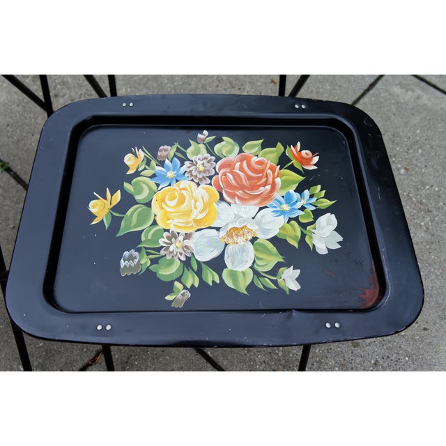 Mid 20th Century Hand Painted Floral Tv Folding Tray Tables Set of 4 For Sale - Image 5 of 7