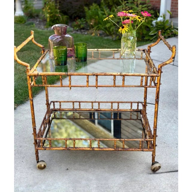 Vintage Mid-Century Faux Bamboo Bar Cart | Hollywood Regency Gilt Metal & Glass Serving Trolley | Maison Baguès Style For Sale - Image 9 of 10