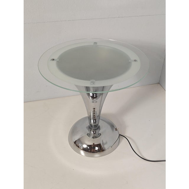 Illuminated table in chrome, satin glass with transparent rim
