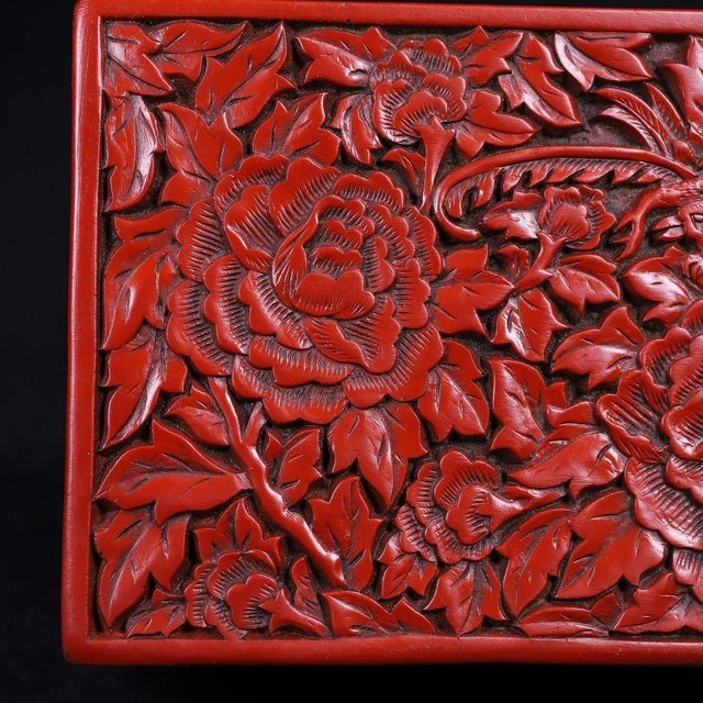 Red Carved Cinnabar Lacquer Box With Floral and Bird Motifs For Sale - Image 8 of 9