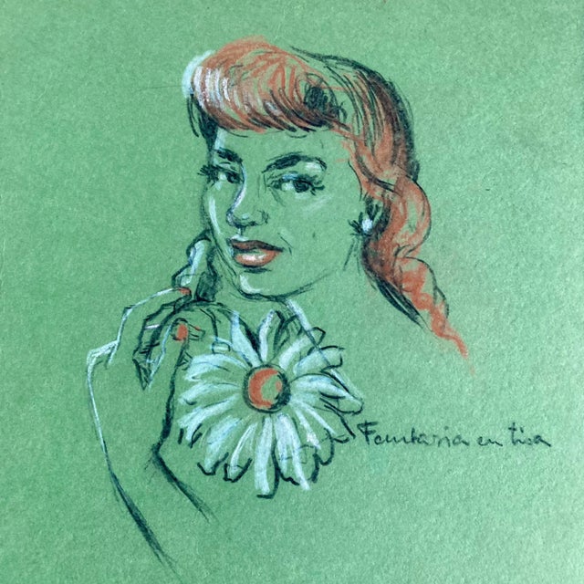 1950s Original Modern Portrait Pastel Drawing of a Woman on Green Paper For Sale In Greenville, SC - Image 6 of 11