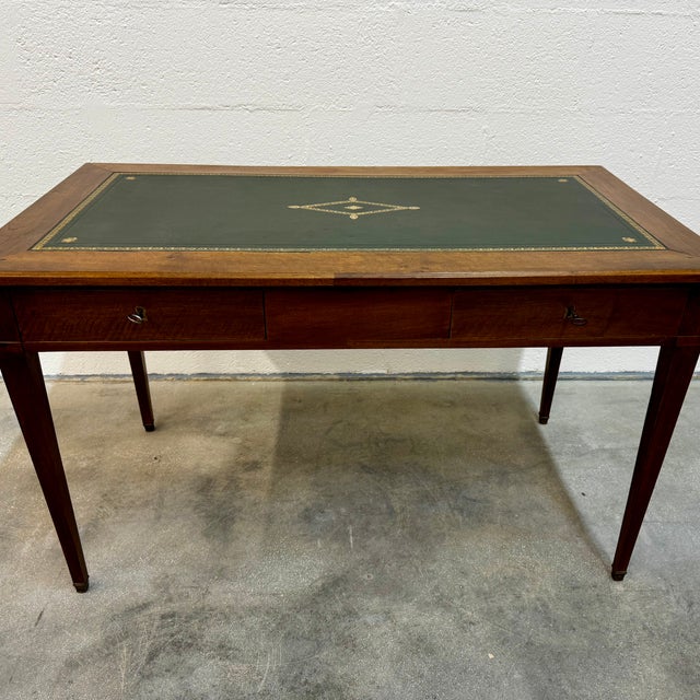 Wood Louis XVI Style Flat Desk in Wood with Green Leather Top, France, 1950s For Sale - Image 7 of 10