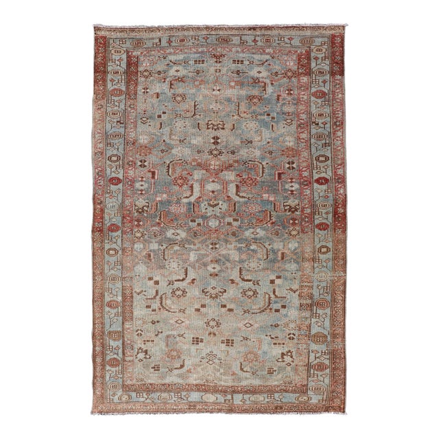 Antique Persian Malayer Rug With Soft Blue Ground and Stylized Pattern 3'11 X 6'5 For Sale