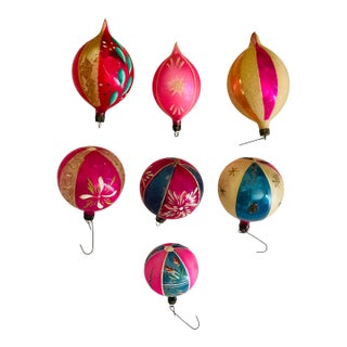 7 Antique Blown Glass Christmas Ornaments in Box For Sale