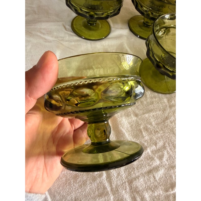 Mid-Century Modern Vintage Indiana Green Glass Kings Crown Thumbprint Dessert Cups/Dishes - Set of 12 For Sale - Image 3 of 6
