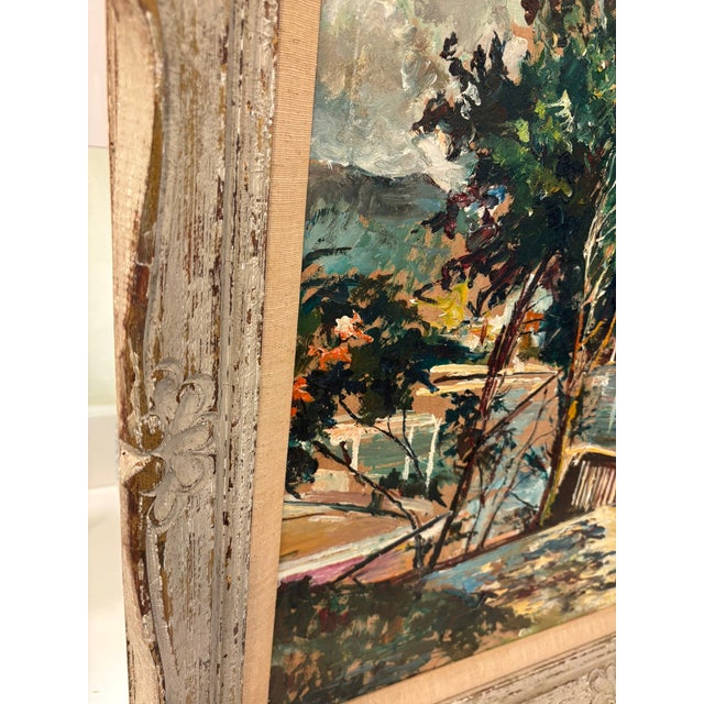 Mid 20th Century Vintage Textured Impressionist Oil Painting Cote d'Azur Coastal Town Landscape in Carved Wood Frame For Sale - Image 5 of 15