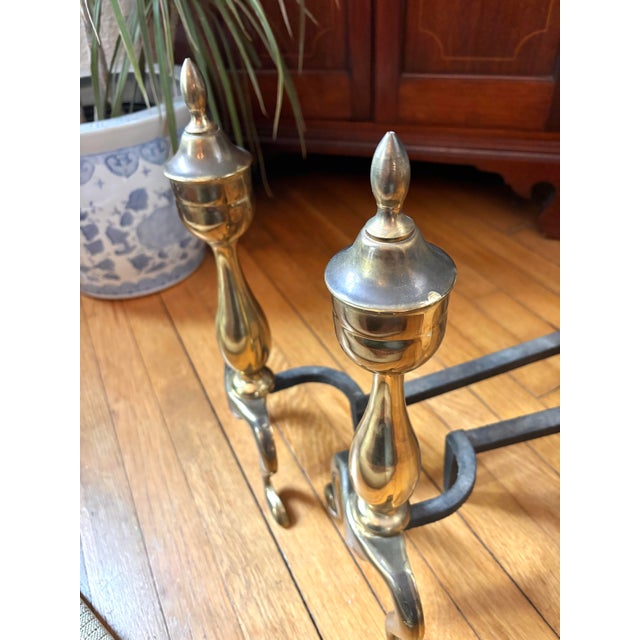Virginia Metalcrafters Mid 20th Century Federal Style Brass Fireplace Andirons - A Pair For Sale - Image 4 of 11