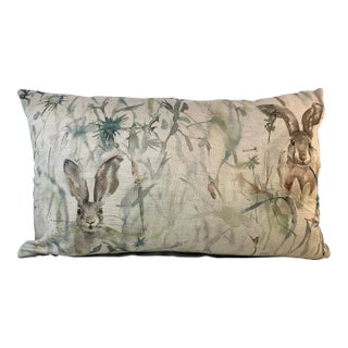 Large Bolster Pillow Decorated in a Muted Water Color Look Pattern Depicting Rabbit/Hares Hiding in Tall Brush - Made in U K For Sale