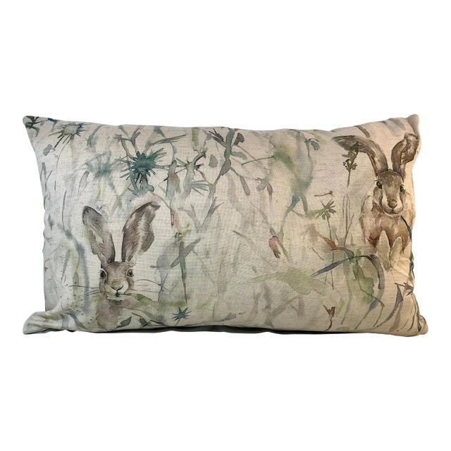 Large Bolster Pillow Decorated in a Muted Water Color Look Pattern Depicting Rabbit/Hares Hiding in Tall Brush - Made in U K For Sale