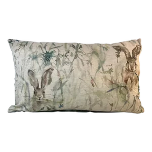 Large Bolster Pillow Decorated in a Muted Water Color Look Pattern Depicting Rabbit/Hares Hiding in Tall Brush - Made in U K