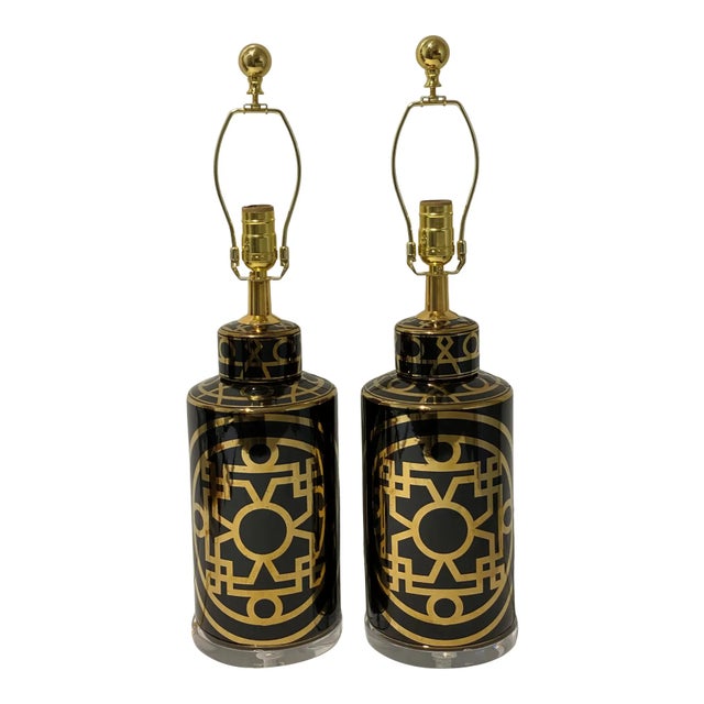 Ceramic Table Lamps 1950s Gold on Black Mid-Century Modern - A Pair For Sale - Image 7 of 15