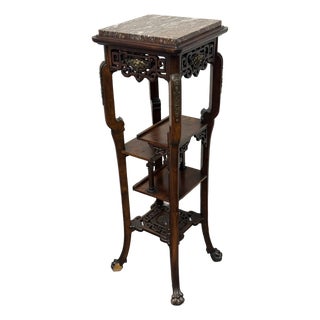 Chinoiserie Carved Wood Tiered Marble Top Stand, Vintage For Sale