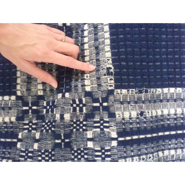 Antique Blue and White Hand Loomed Wool Coverlet Throw Blanket With