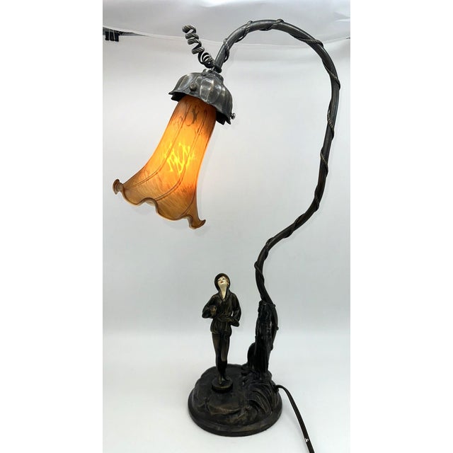 Early 20th Century Art Deco Desk Lamp, Bronze-Colored Metal With Art Glass Shade, Figure of Woman For Sale - Image 9 of 11