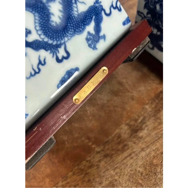 Contemporary Ralph Lauren Blue and White Petite Square Lamps With Dragon Design and Square Fabric Shades - A Pair For Sale - Image 6 of 7